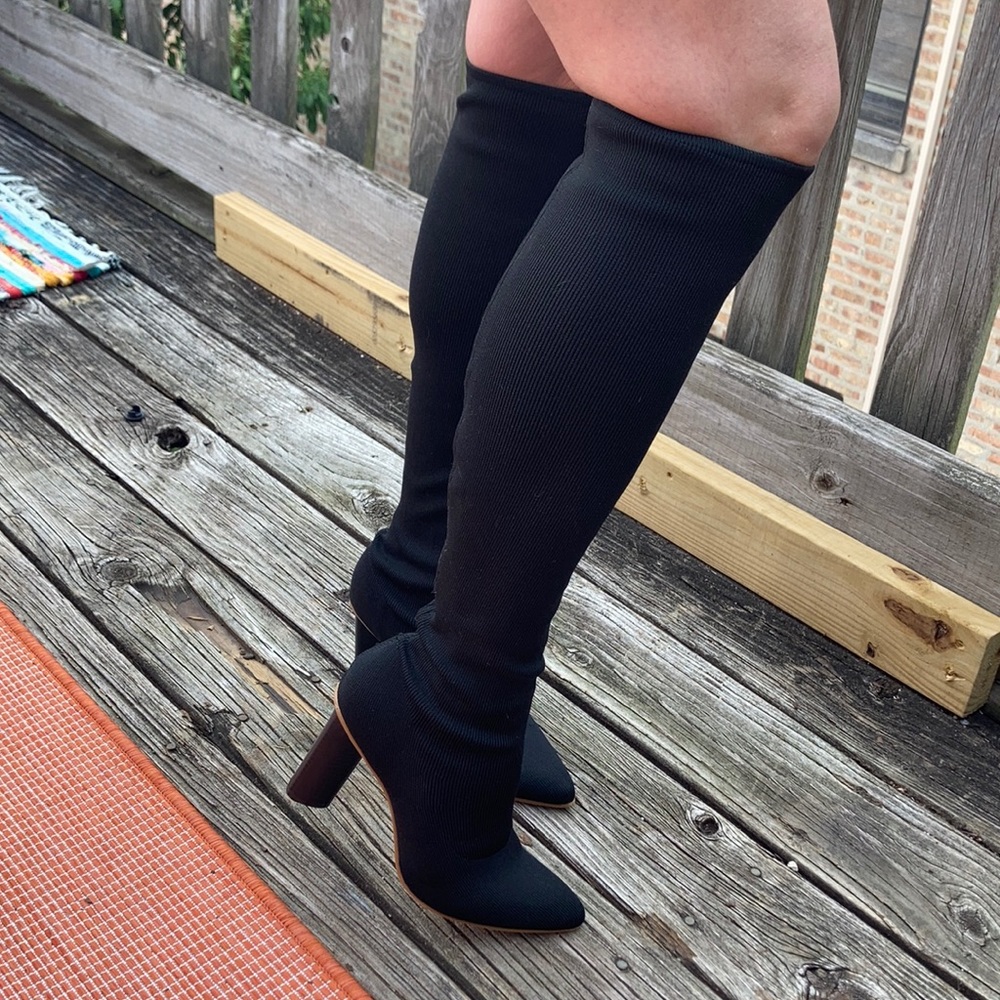 SHE&IN ribbed stretchy knee high sock boots heels